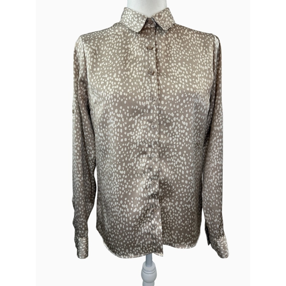 Express Women's XS Taupe Ivory Abstract Spot Roll Tab Sleeve Button Front Blouse
